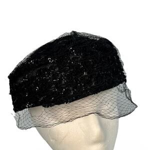 Vintage Eva Mae Modes Fancy Pill Box Hat Black Swirl Appliqué w/ Netting Veil